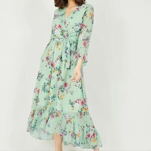 Kate & Lily Floral Print Garden Boho  Feminine Maxi Belted Light Green Dress 6